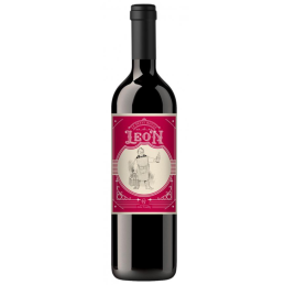 Bouteille de Le Petit Rouge de Leon avec étiquette colorée et vin grenat