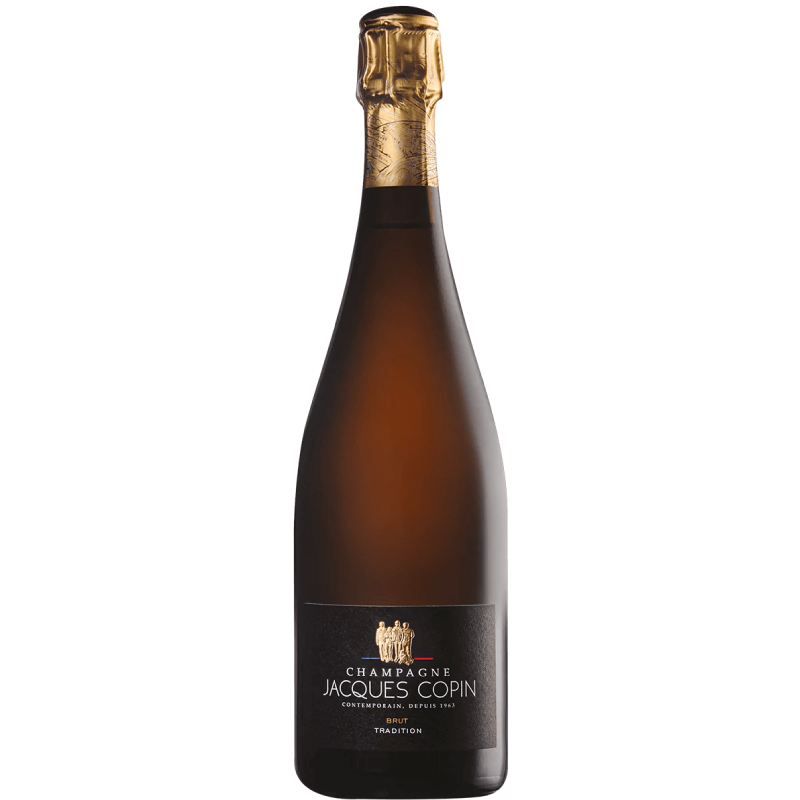 Flacon de Champagne Jacques Copin Brut Tradition avec reflets dorés et bulles fines