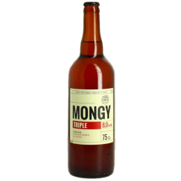 Bouteille de bière Mongy Triple 75 cl, blonde cuivrée avec mousse fine et dense