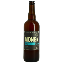 Bouteille de Mongy IPA 75 cl, bière artisanale blonde orangée avec mousse fine