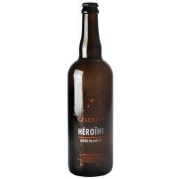 Bouteille de bière Héroïne Blanche de la Brasserie Célestin avec mousse fine et arômes floraux