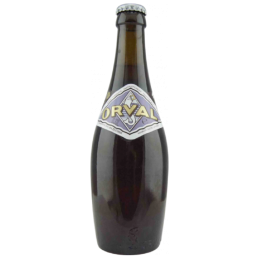 Bouteille de bière Orval avec son verre iconique, bière trappiste belge