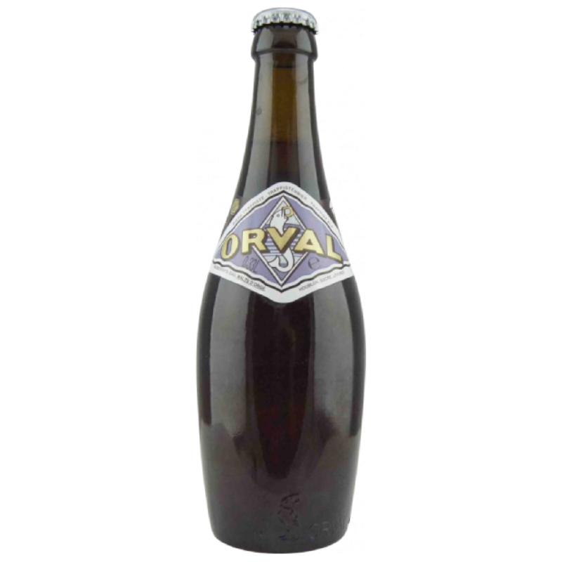 Bouteille de bière Orval avec son verre iconique, bière trappiste belge