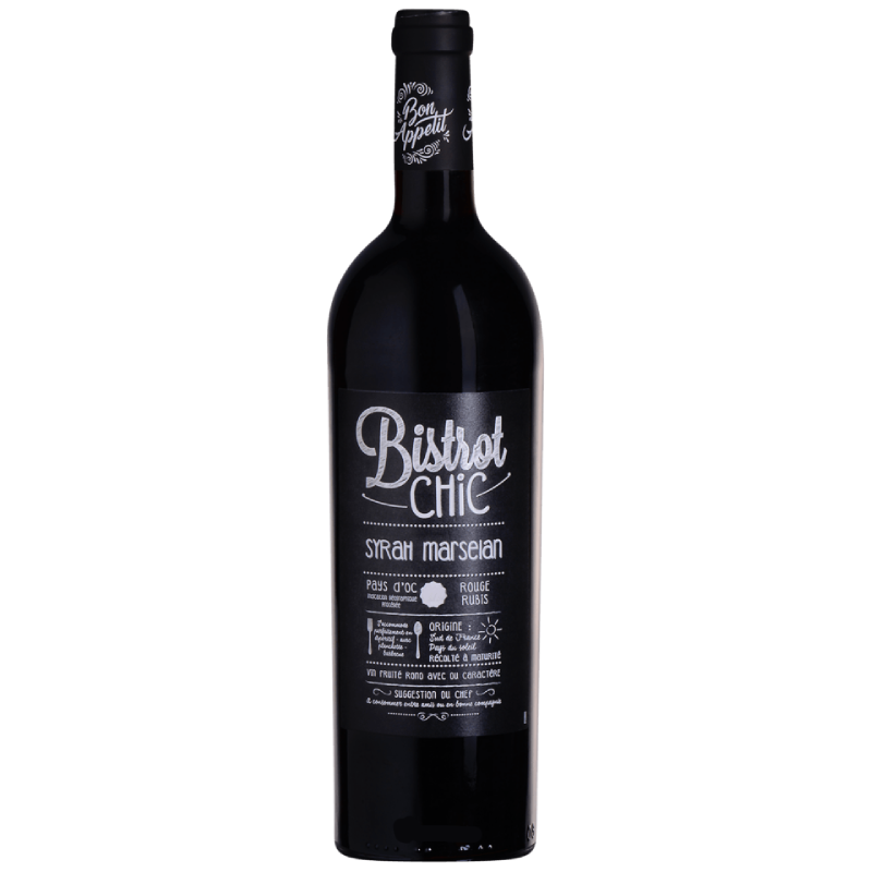 Bistrot Chic Rouge Syrah Marselan bouteille et verre vin rouge Pays d’Oc