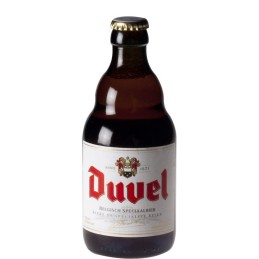 Bouteille de bière Duvel 33 cl sur fond blanc