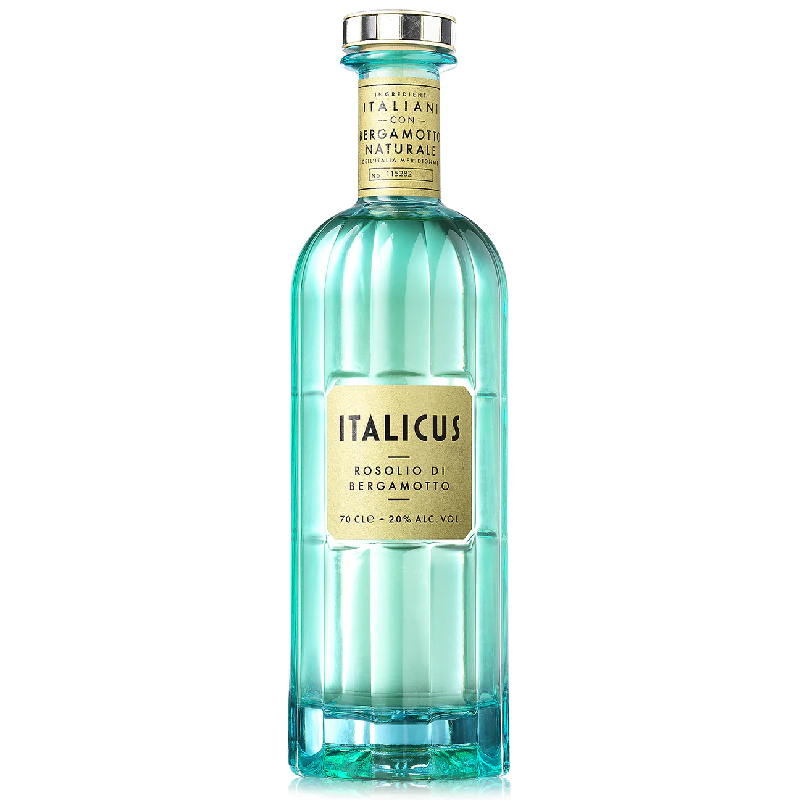 Bouteille d'Italicus Rosolio di Bergamotto avec son design bleu-vert inspiré de la Rome antique