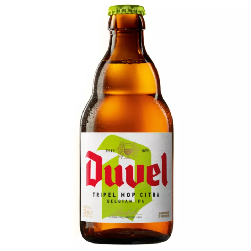 Bouteille de Duvel Tripel Hop Citra 75cl sur fond blanc