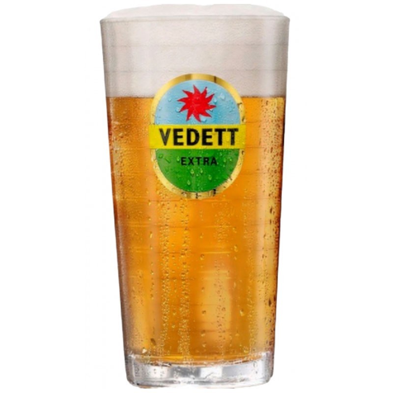 Verre à bière Vedett 33 cl sans pied avec logo bicolore et dorure.