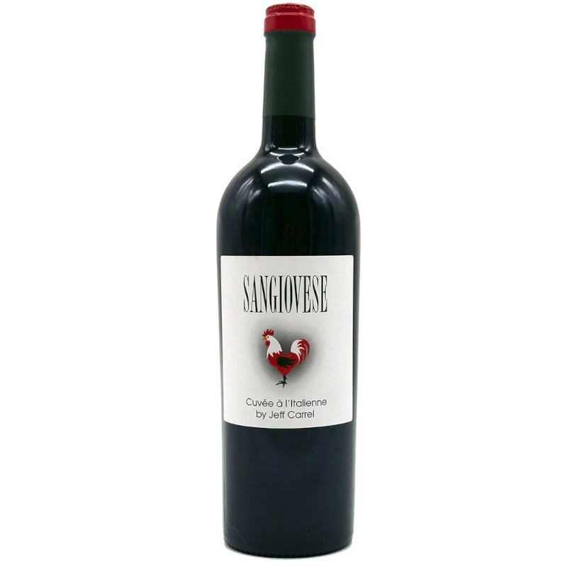 Bouteille de la Cuvée à l'Italienne de Jeff Carrel, vin rouge Sangiovese sans sulfites.