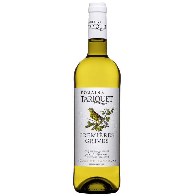 Bouteille de Tariquet Premières Grives avec étiquette illustrée d'une grive
