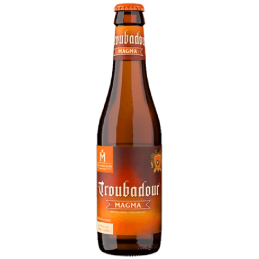 Bouteille de bière Troubadour Magma 33 cl avec étiquette ambrée