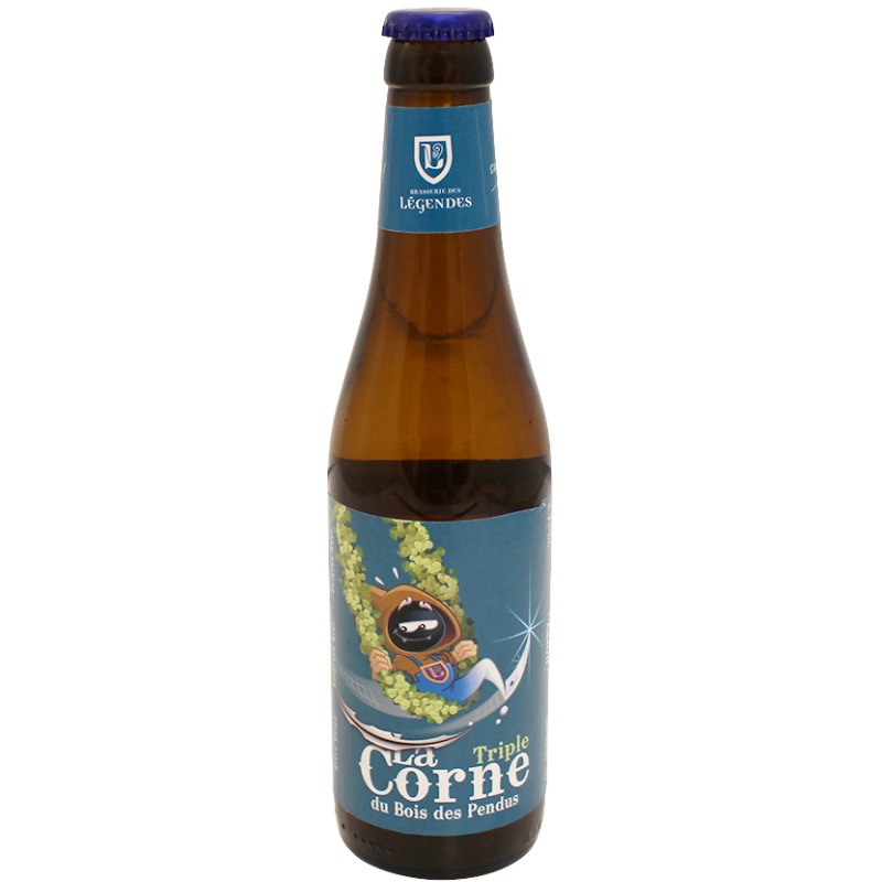 Bouteille de La Corne Triple 33 cl avec étiquette dorée sur fond boisé