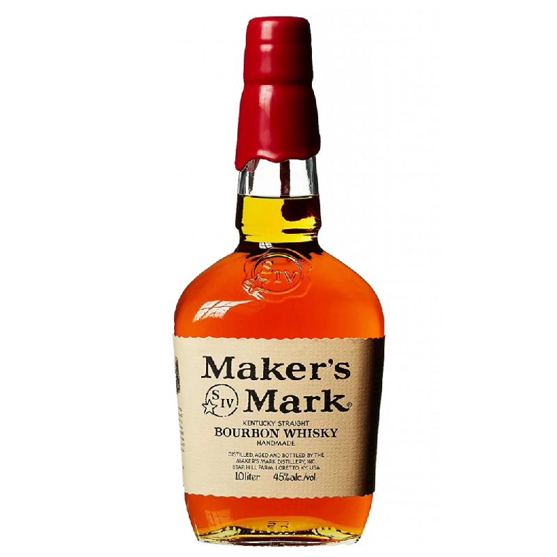 Bouteille de Maker’s Mark engoncée de cire rouge, étiquette carrée vintage