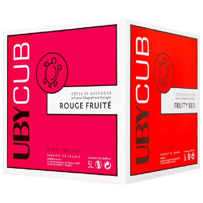 Bag‑in‑box Uby Cub Rouge 5 L posé sur table en bois, étiquette IGP Côtes de Gascogne