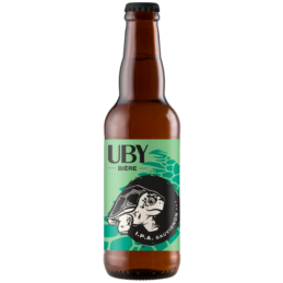 Bouteille de bière IPA Sauvignon UBY vue de face avec étiquette verte et symbole tortue