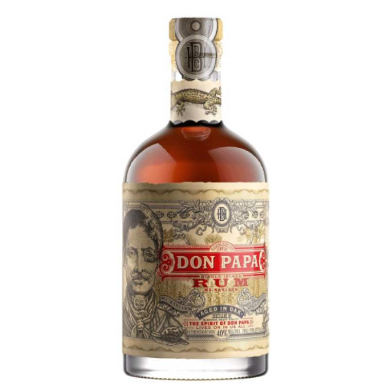 Bouteille de rhum Don Papa 7 ans des Philippines, rhum vieux ambré aux arômes de vanille, miel et fruits confits.