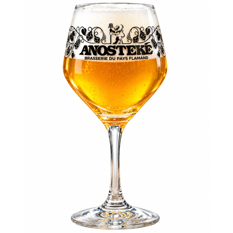 Verre à bière Anosteké 25/33 cl de la Brasserie du Pays Flamand, verre ballon à pied décoré