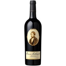 Bouteille de vin Baron Nathaniel avec étiquette élégante et fond en bois